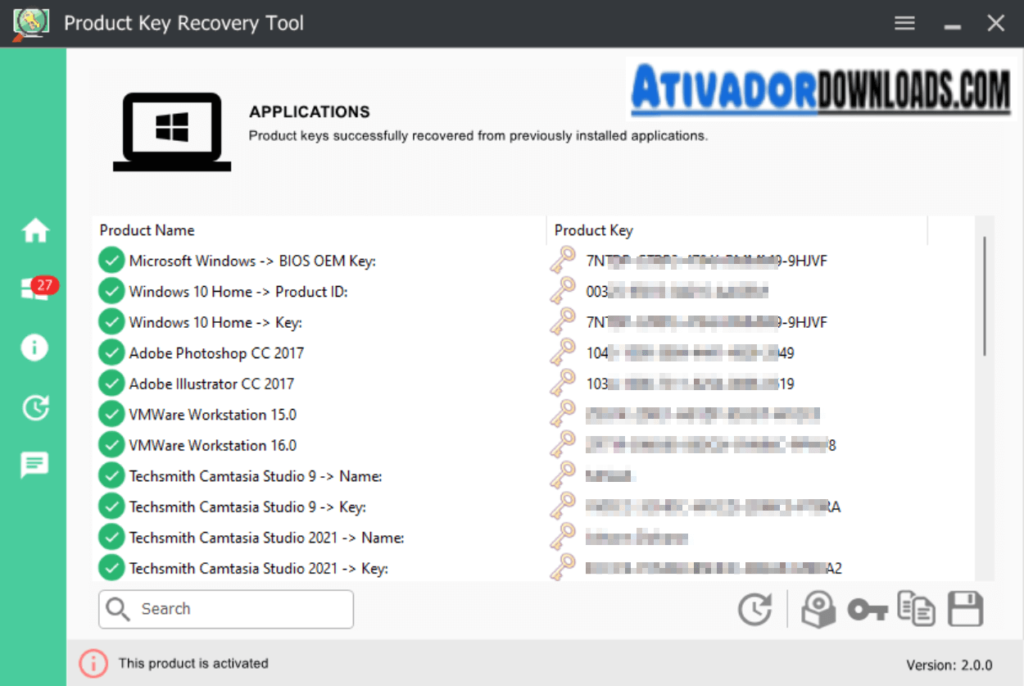 Interface image of Product Key Recovery Tool Crackeado 